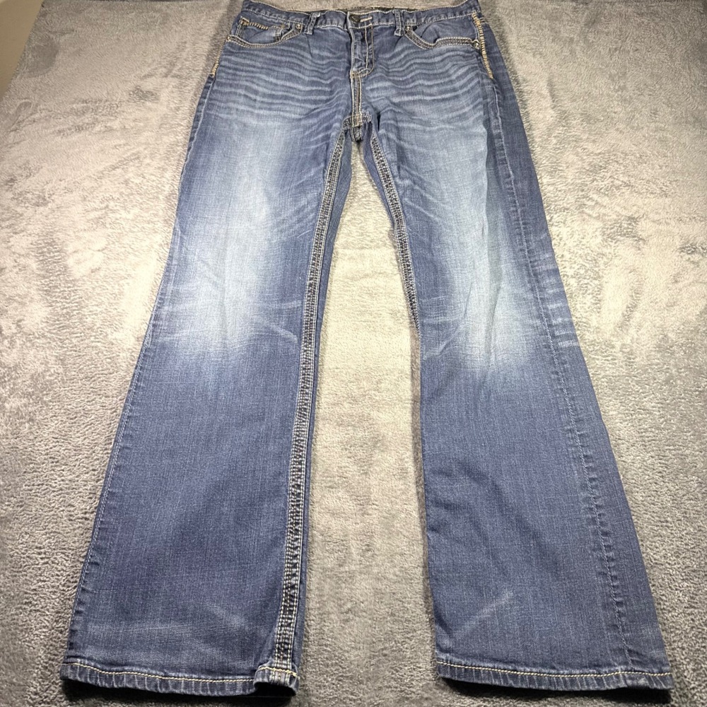 BKE Tyler Mens Bootcut Jeans Medium Wash Stretch Denim 34L Distressed Whiskered